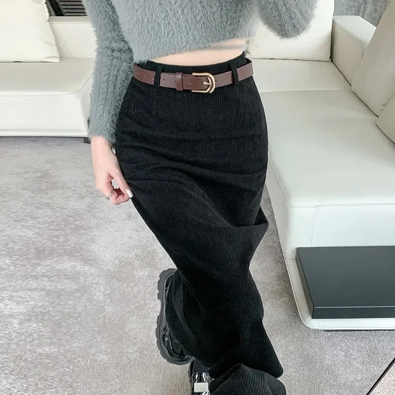 여성용 한국 스타일 섹시 롱 스커트 2026 겨울 코듀로이 슬림 두꺼운 스트리트웨어 패션 빈티지 가을 바디콘 스커트