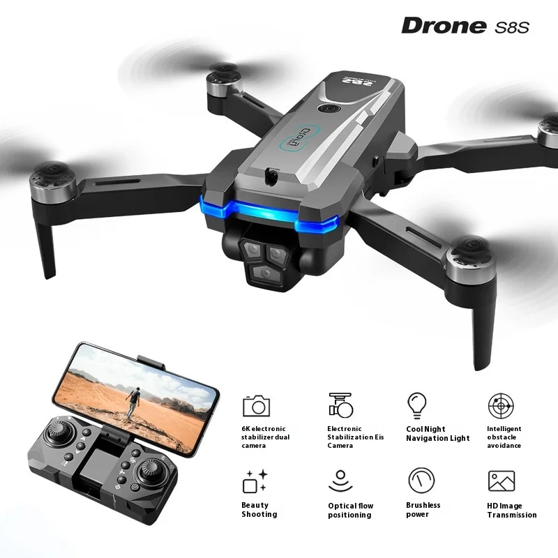 Drone Triple Kamera HD S8S Fotografi Udara Quadcopter Brushless Kendali Jarak Jauh Mainan Pesawat dengan Penghindaran Aliran Optik