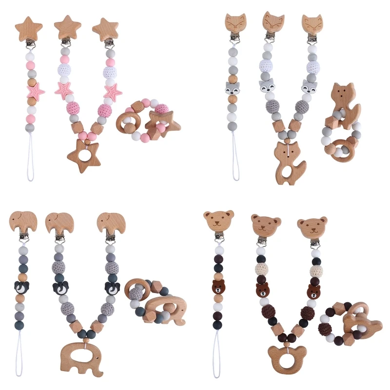 

97BE 3Pcs Baby Stroller Hanging Clip Pendant Rattle Pacifier Chain Wood Ring Bracelet