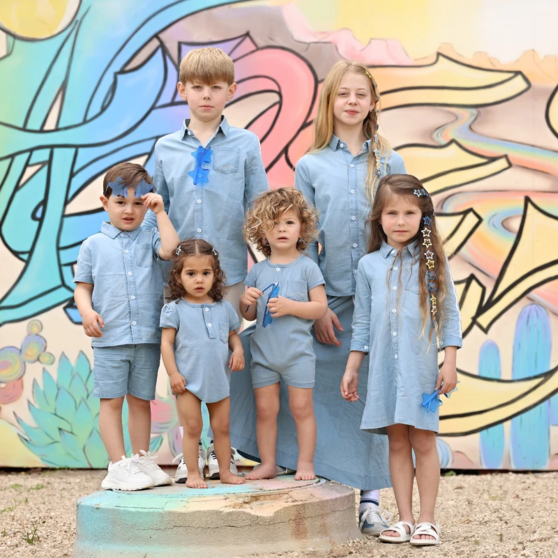 Summer Denim Blue Clothes Sibling Matching Girl and Teenage Dress Boys Shirt Baby Set Stars Designs Sleeves With White Stripes