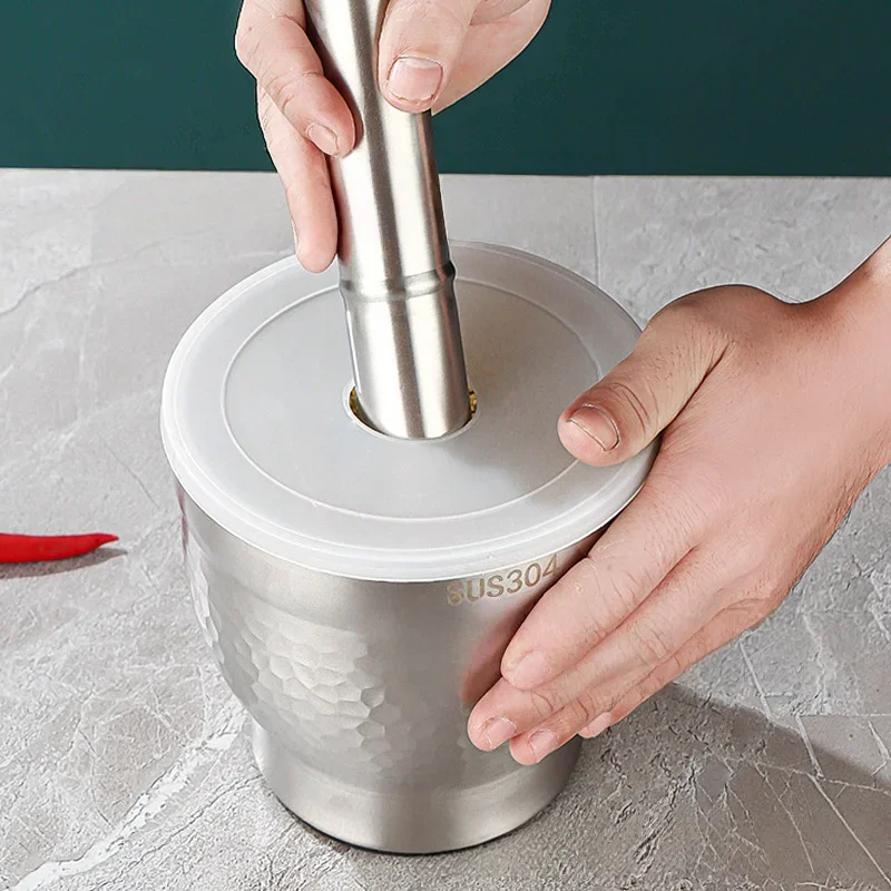 304 Stainless Steel Manual Garlic Crusher Kitchen Home Use Mortar Pestle Grinding Tool for Spices And Seasonings