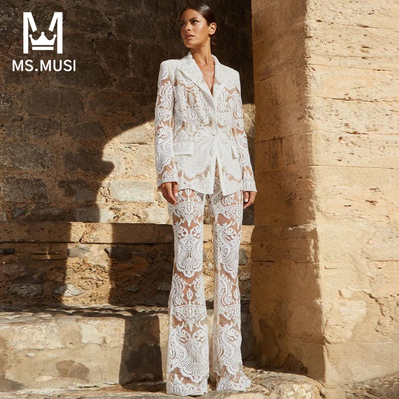 MSMUSI 2024 New Women Sexy Lace Mesh Sequins Hollow Out Two Piece Set Bodycon Party Long Sleeve Blazer Top Long Pant Set Suit