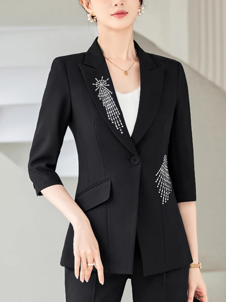 

QOERLIN Studded Rhinestone Suit Jacket Office Ladies Blazer Notched Collar Half Sleeve Slim Waist Professional Bussiness Outfit