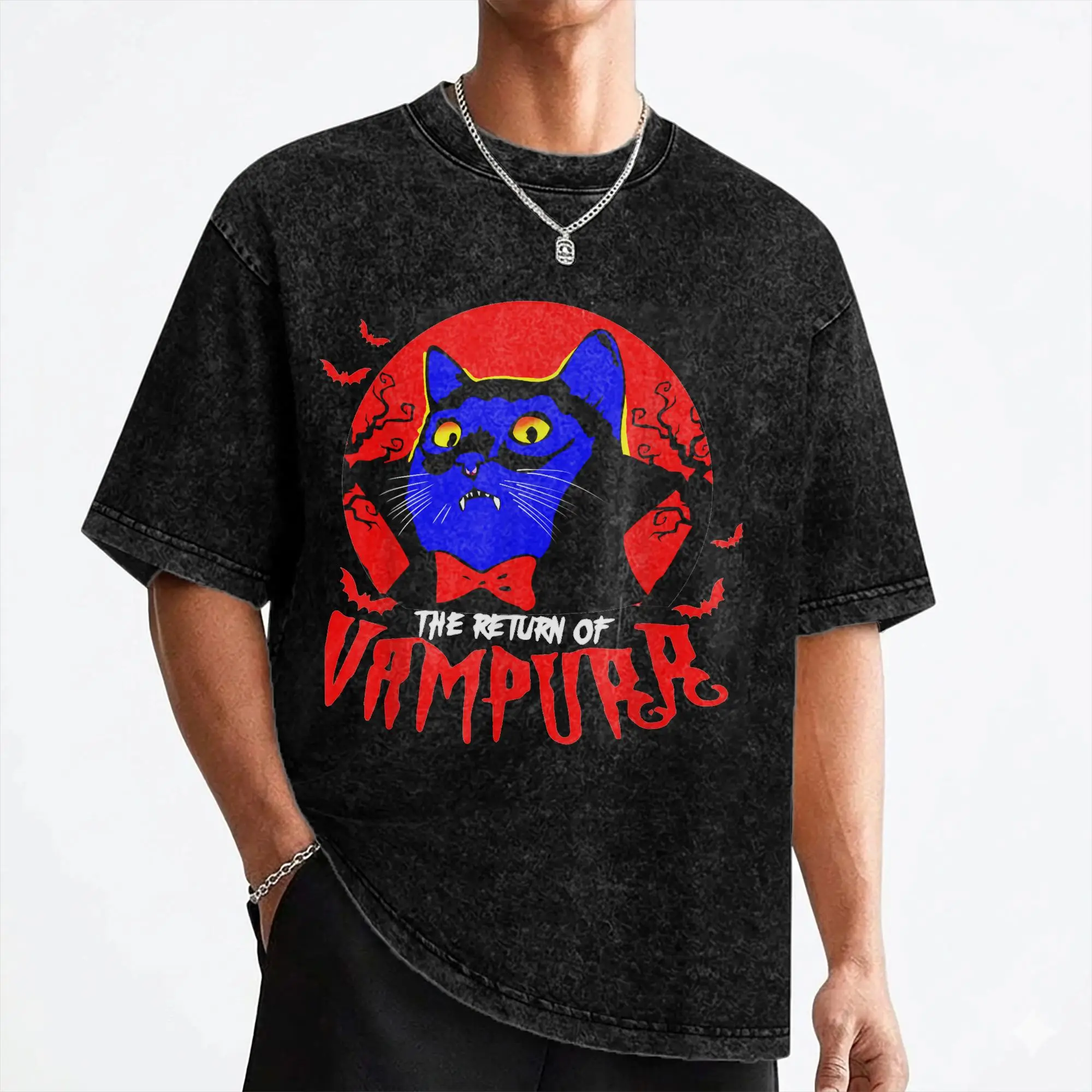 Return of The Vampurr T Shirt Washed Cotton Street T-Shirt Halloween Vampire Cat for Men Women Streetwear Summer Tee Shirt