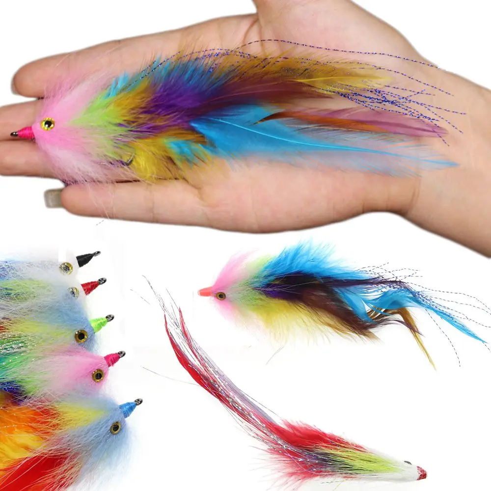 1PC 3D Fish Eyes Rooster Feather Streamer Tying On Barbed Hook Saltwater Flies Pike Bass Fishing Fly Lure Baits 2/0#