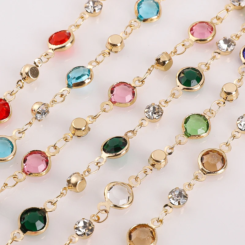 1 متررول 6 مللي متر خرز كريستالي ملون مطرز سلسلة الزجاج حبة KC عقد ذهبي ملحقات السلسلة DIY بها بنفسك صنع المجوهرات الحرف اليدوية