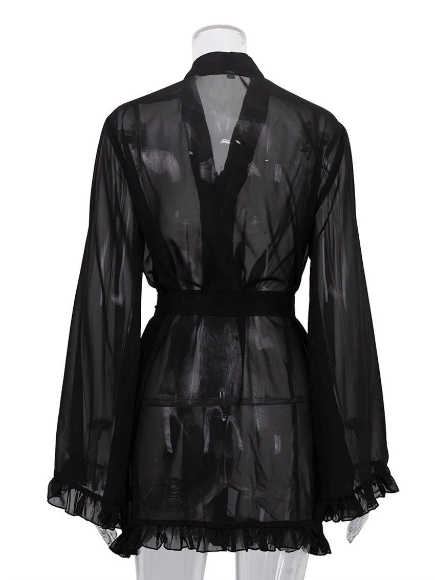 Marthaqiqi Casual Ladies Sleepwear Long Sleeve Pajamas Sexy V-Neck Nightgowns Lace Up Robe Mini Dress Loose Female Home Clothes