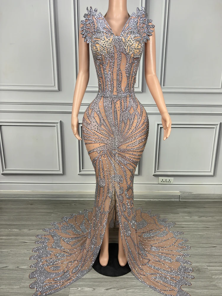 Elegant Women Evening Floor Length Dress Sexy See Through Stretch Mesh Graduation Party Dress Long Bodycon Robe Stage Prom Gown