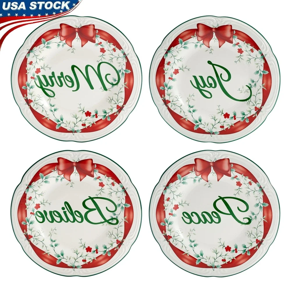 

Набор тарелок для салата из камня Winterberry из 4 рождественских праздников Merry Peace Believe Joy, можно мыть в посудомоечной машине, можно использовать в микроволновой печи, 8 дюймов