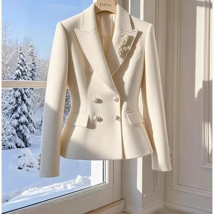 여성용 가을 블레이저, 양모 격자 무늬 정장 코트, PU 가죽 스플라이스 라펠 짧은 재킷, 여성 의류, 2023 년 신제품