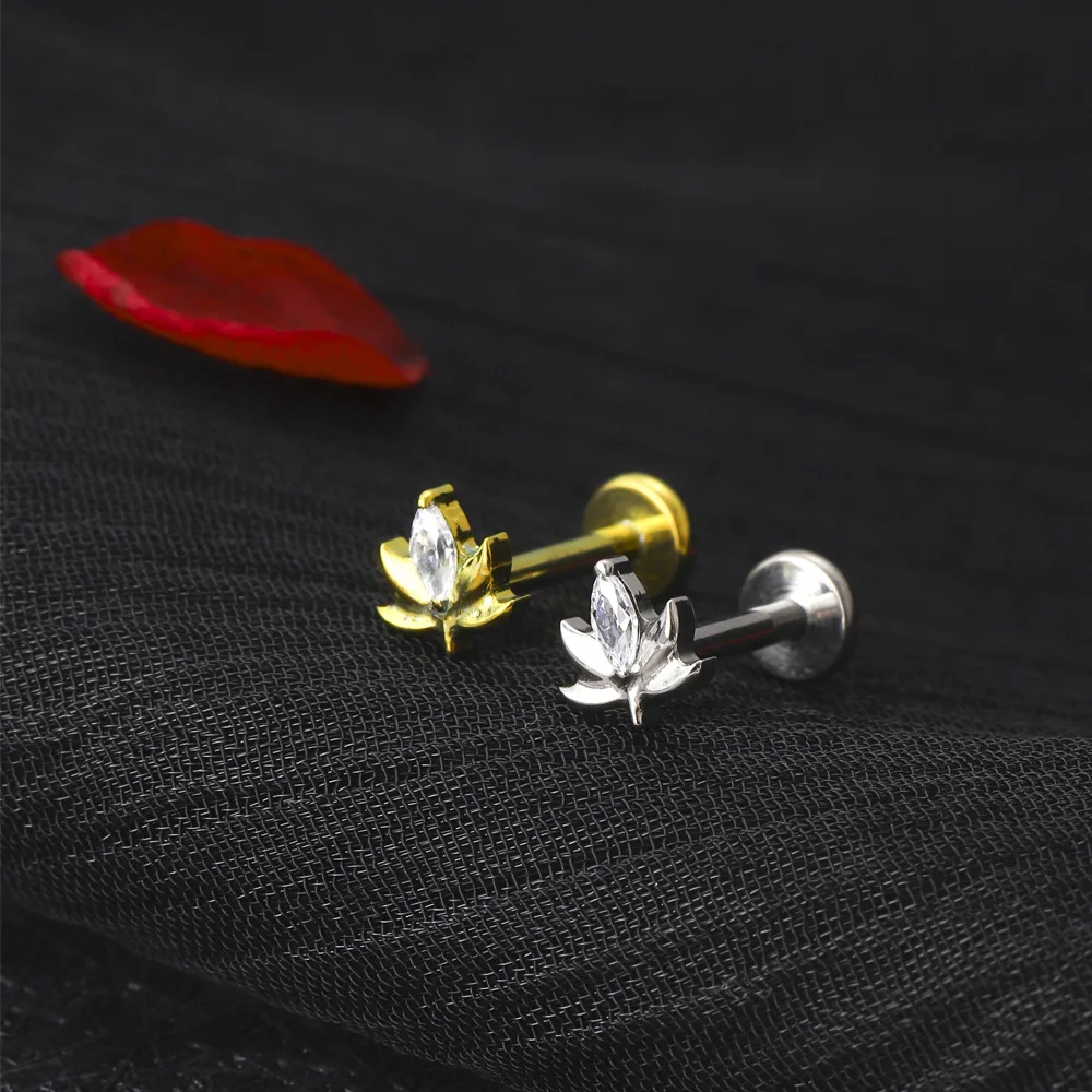ASTM F136 Titanium Internal Thread Nose Piercing Ear Lips Anodizing earring leaves CZ Cartilage Helix Tragus