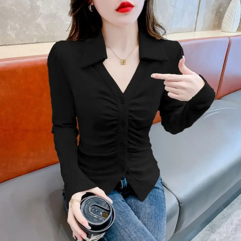 

Spring Autumn New Elegant Solid Color V-Neck Button Folds Slim T-shirt Fashion Commuter Versatile Long Sleeve Women's Tops