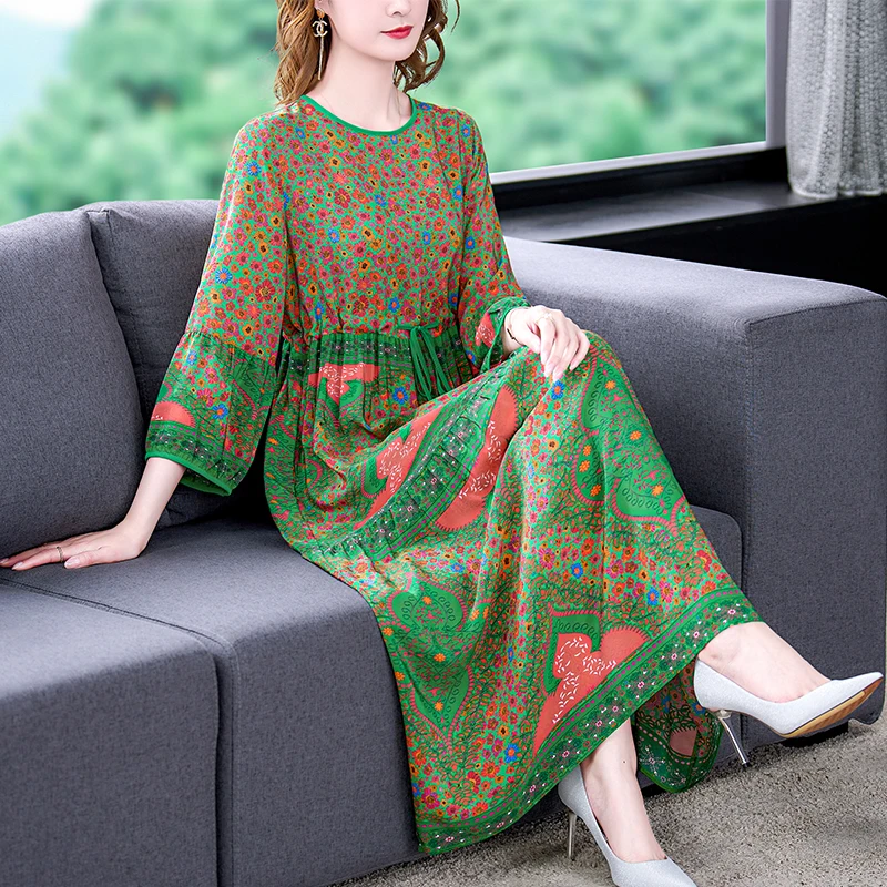 ZUOMAN Women Spring Elegant Silk Dress Shirt High Quality Long Maxi Floral Party Robe Femme New Designer Vintage Vestidos