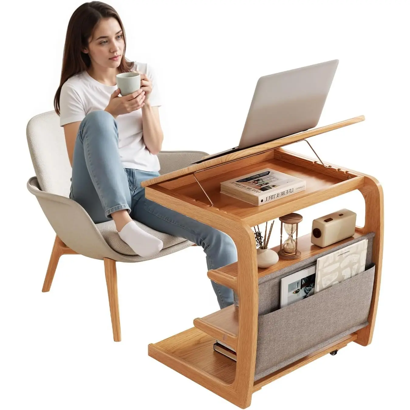Midcentury Modern Solid Wood 4-Wheel Rolling End Table With Adjustable Desktop For Living Room
