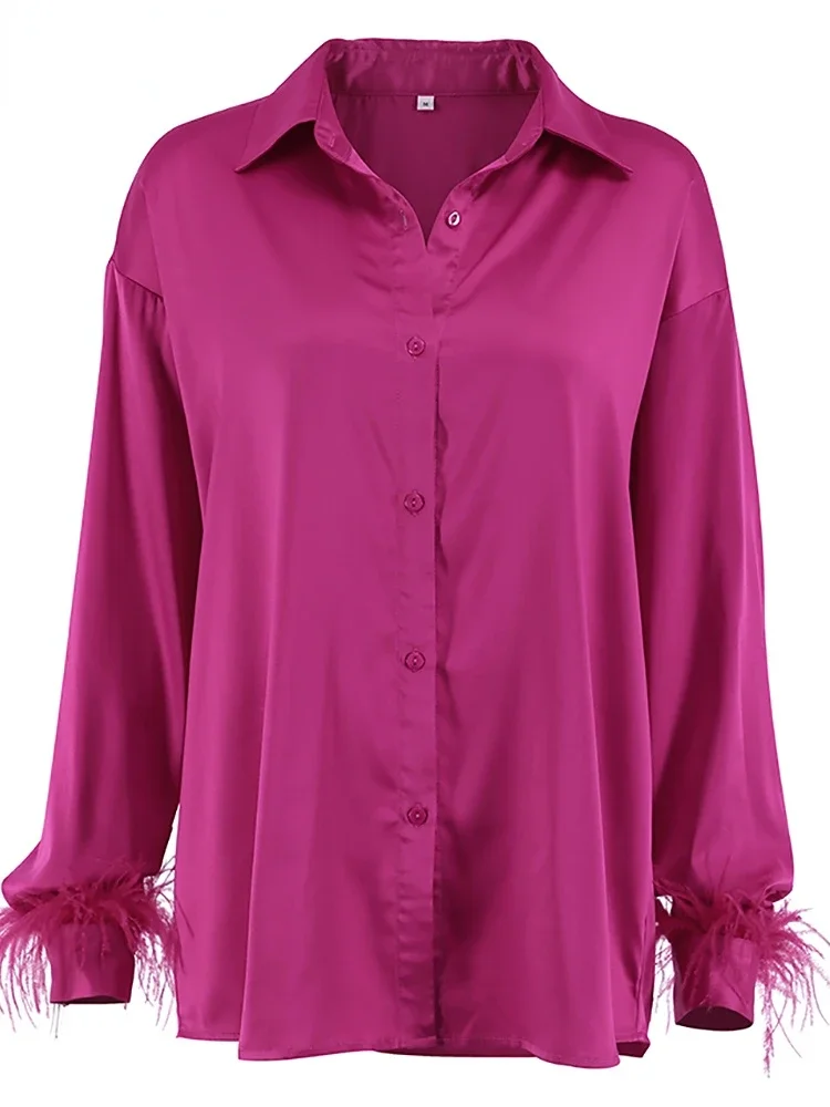 Sumuyoo Feather Cuffs Elegant Women Feather Shirts Rose Pink Oversized Blouses and Tops Splicing Spring Satin Office Ladies