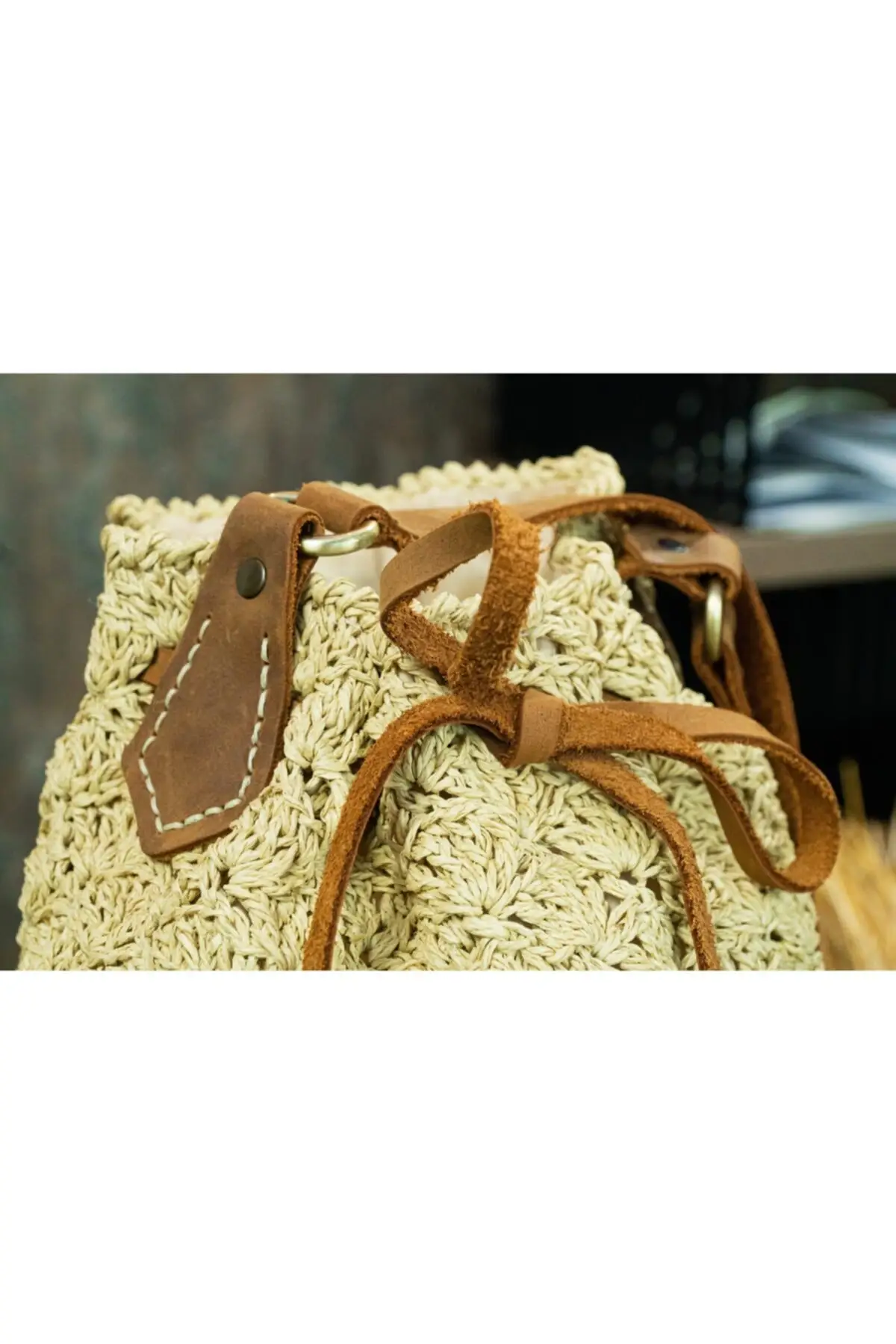 Uras 2014summer Boho Cream Straw Handmade, Genuine Leather Accessories Mesh Bag Women bag Shoulder Bag Handmade