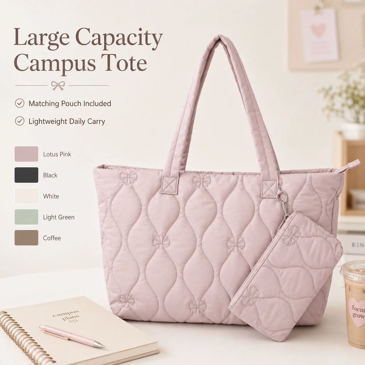 Womens Large Capacity Tote Bag Lightweight Shoulder Handbag with Matching Pouch for College Campus Study and Daily Use