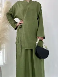 Eid schlicht 2 Stück Abaya Set Tops Rock bescheidene muslimische Sets Abayas für Frauen Kleidung Robe Kaftan Marocain Femme Musulmane Kaftan