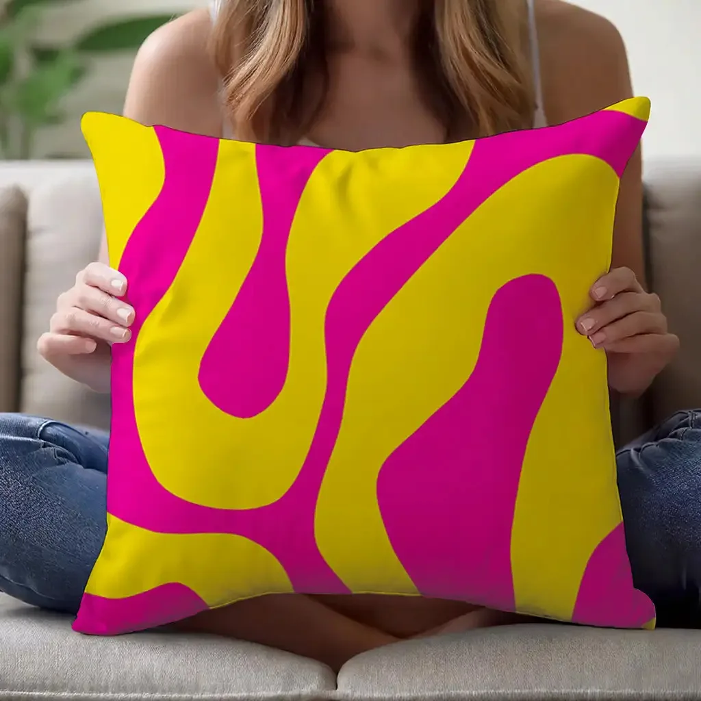 Neon Pink Yellow Swirl Pillow Cover Retro Bold Pattern Cushion Case Polyester Zipper 16x16 Inch Square Modern Living Room Sofa