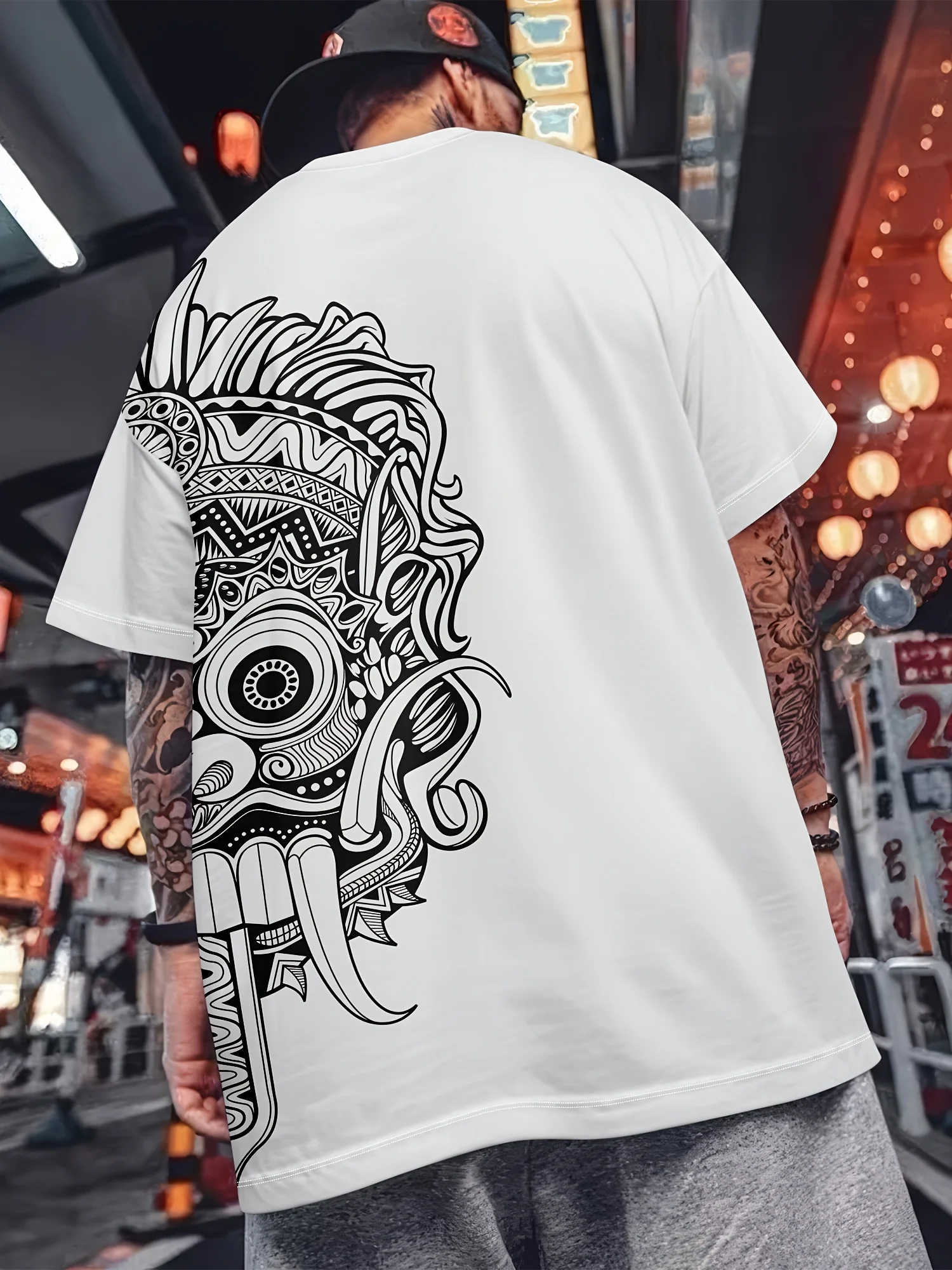 

Drop Shoulder Short Sleeve, Black with Intricate White Mandala Design, Relaxed Fit Tee, Durable Fabric, Everyday Tshirt