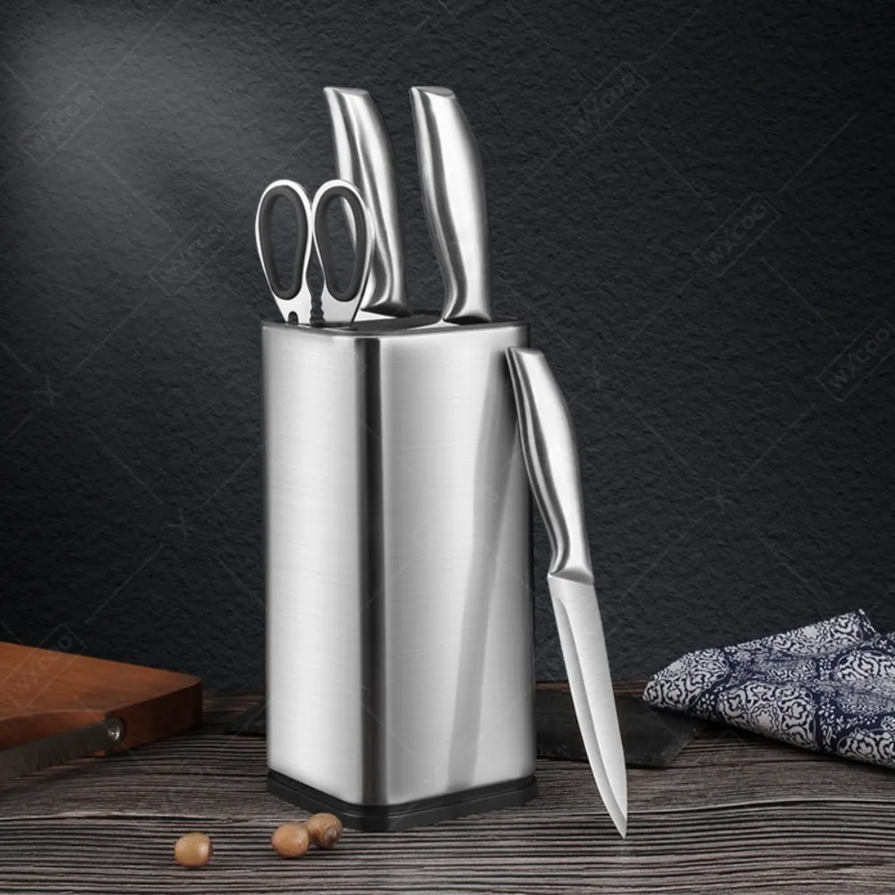 WXCOO Messerblock aus Edelstahl, Aufbewahrungsregal für die Arbeitsplatte, Einzel-Loch-Design, rutschfeste Basis für 5-7 Messer, modernes Design, leicht zu reinigen. – Detail 6