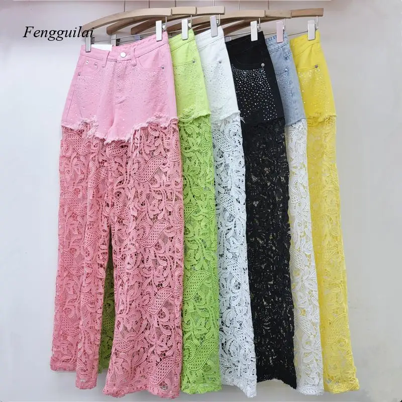 

Lace Splicing Hot Drilled Wide Leg Pants for Women 2025, High Waist, Slim and Slender, High Grade, Straight Tube Casual Pants