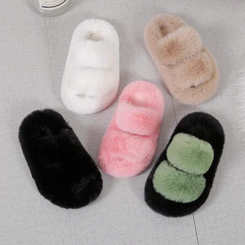 Pantofole invernali in pelliccia per ragazze pantofole classiche semplici in peluche per bambini moda antiscivolo Open-toe per bambini scarpe in cotone causale versatili