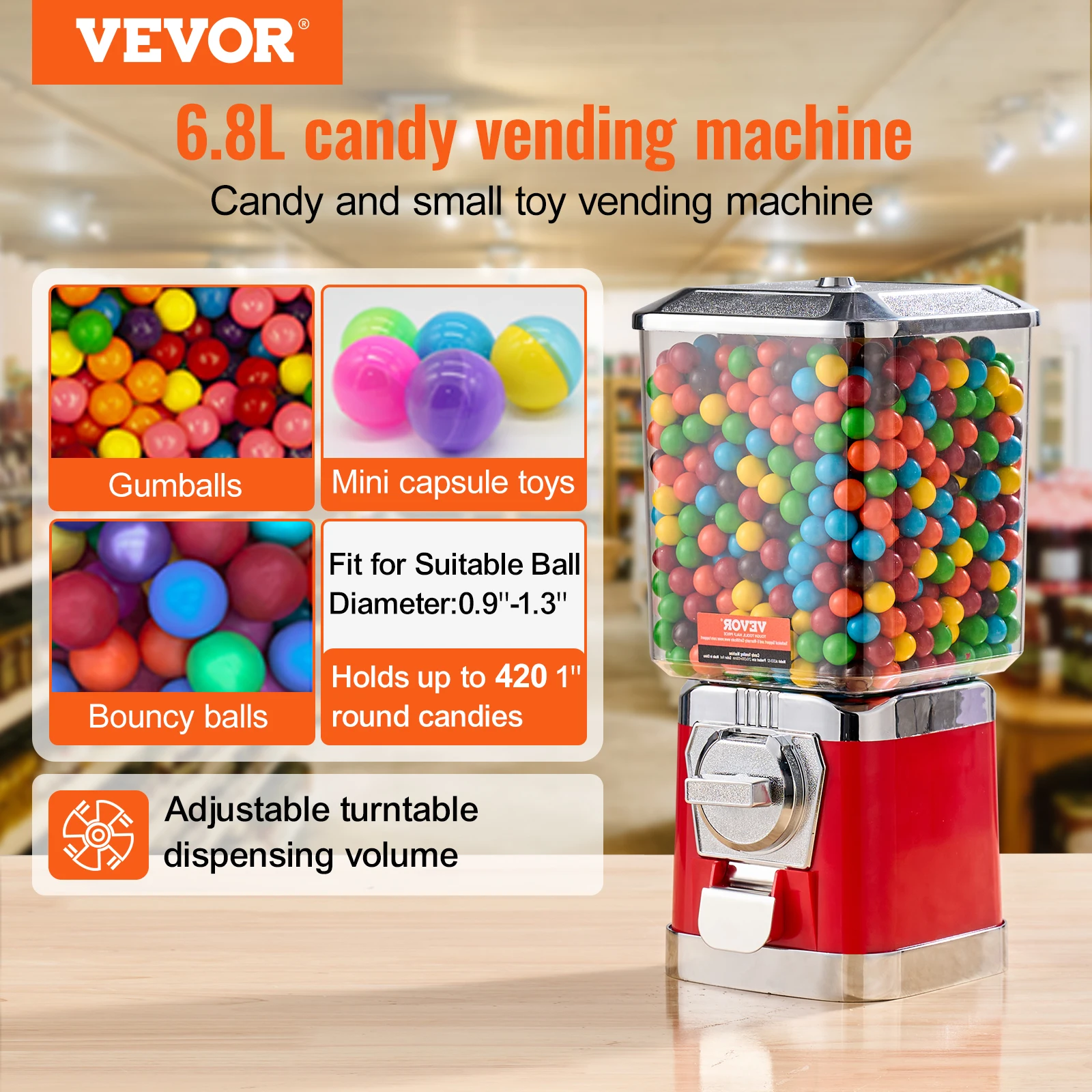 VEVOR 16/17inch Gumball Machine for Kids 25 Cents Coin Operated Gumball Bank Toy Capsules Bouncy Balls Candy For Game Stores