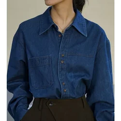 Women's Autumn and Winter New Lapel Denim Shirt Fashion Comfortable Button Pocket Splicing Fleece Warm Long Sleeved Leisure Coat