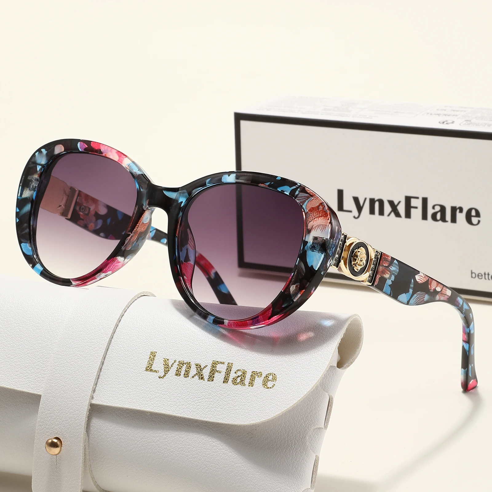 Lynxflare Double-Layer Gradient Oval Cat-Eye Sunglasses – Featuring a Metal Rose Emblem Framed by Gold Edging and Micro-Diamonds