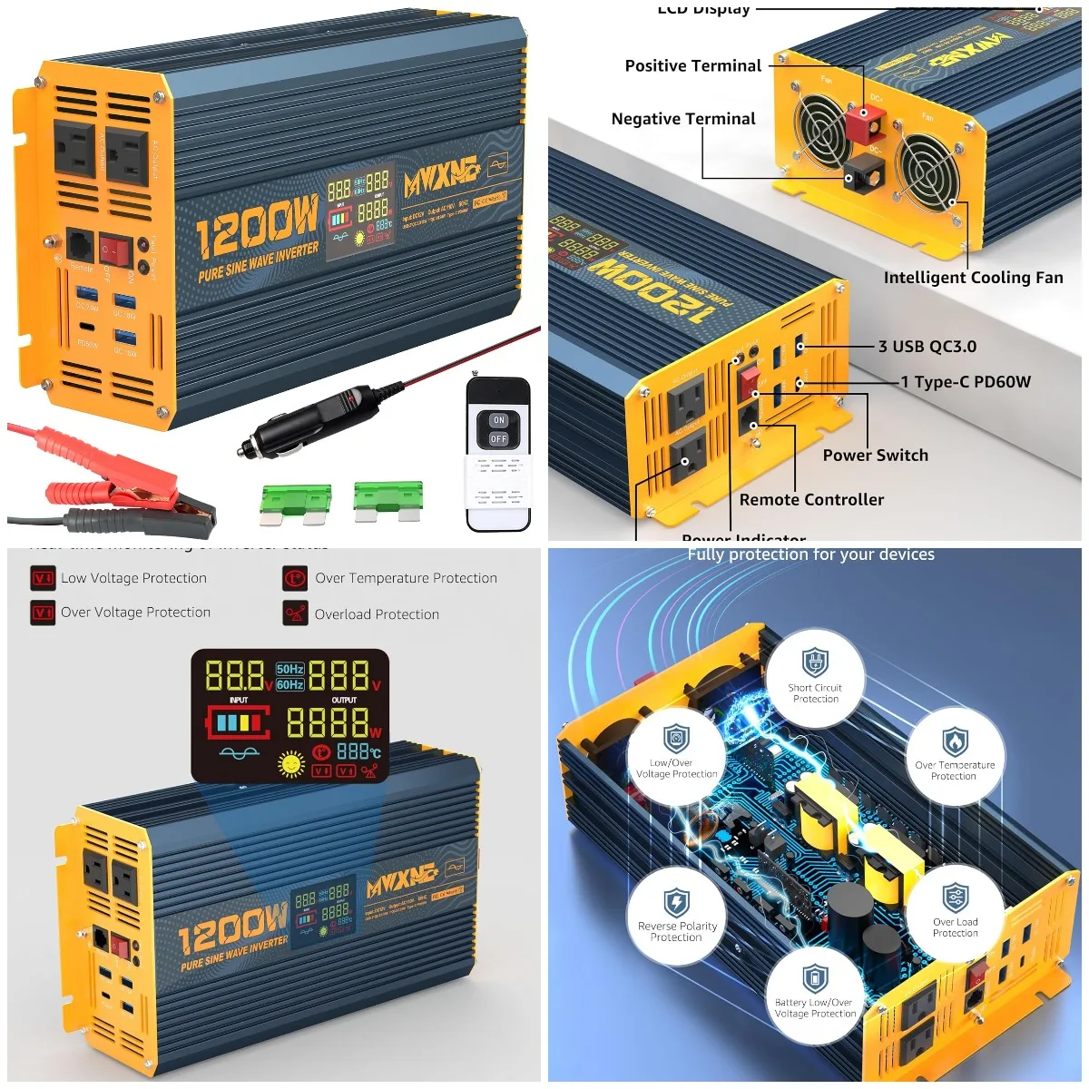 

1200W Pure Sine Wave Inverter 12V to 110V AC with Dual Outlets, USB PD/QC3.0, LCD Display for Car, RV, Home