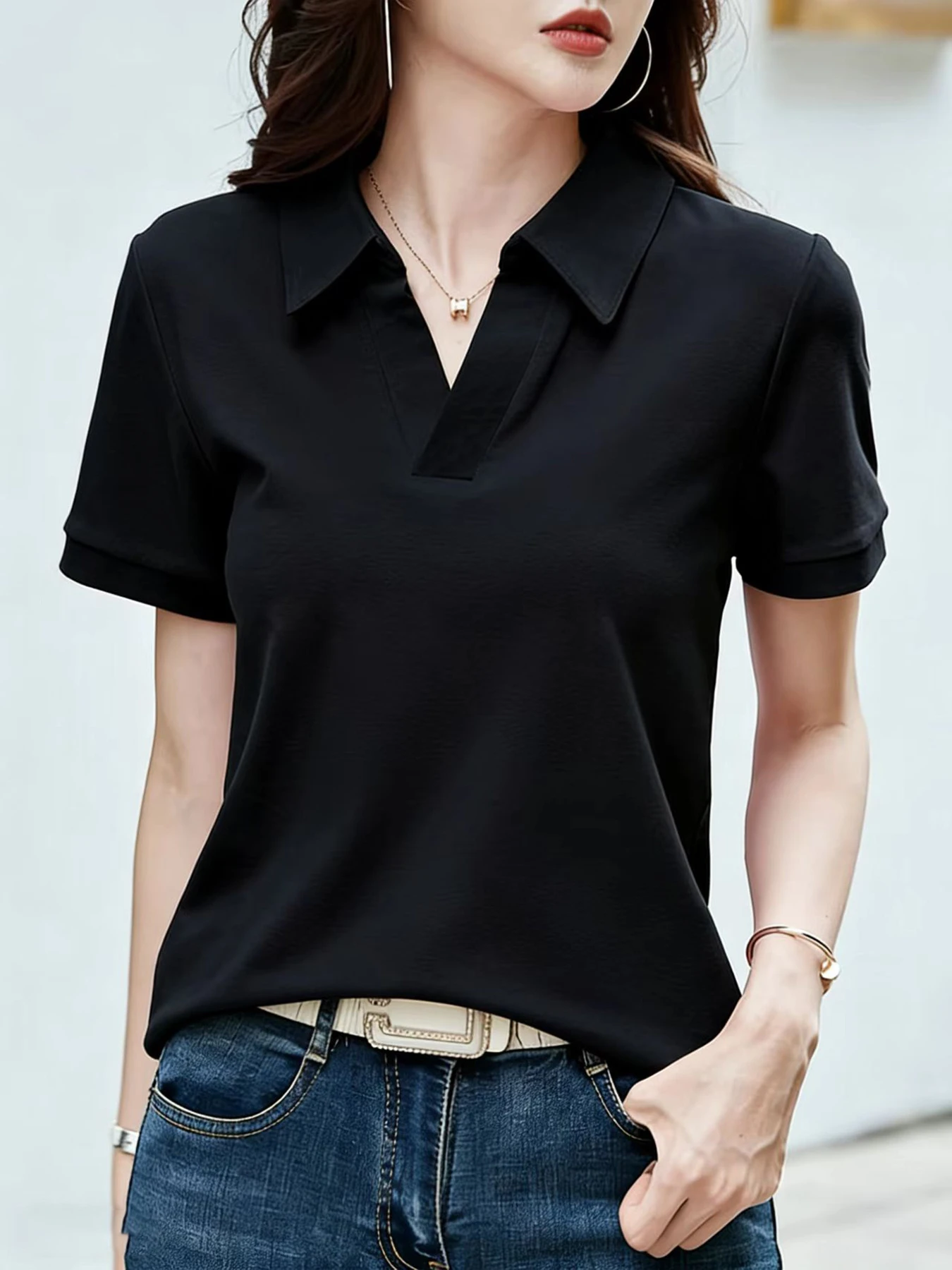 Women's Fashionable Casual Shirt, Solid Color No-Print Slightly Stretchy T-Shirt, Suitable for Spring, Summer