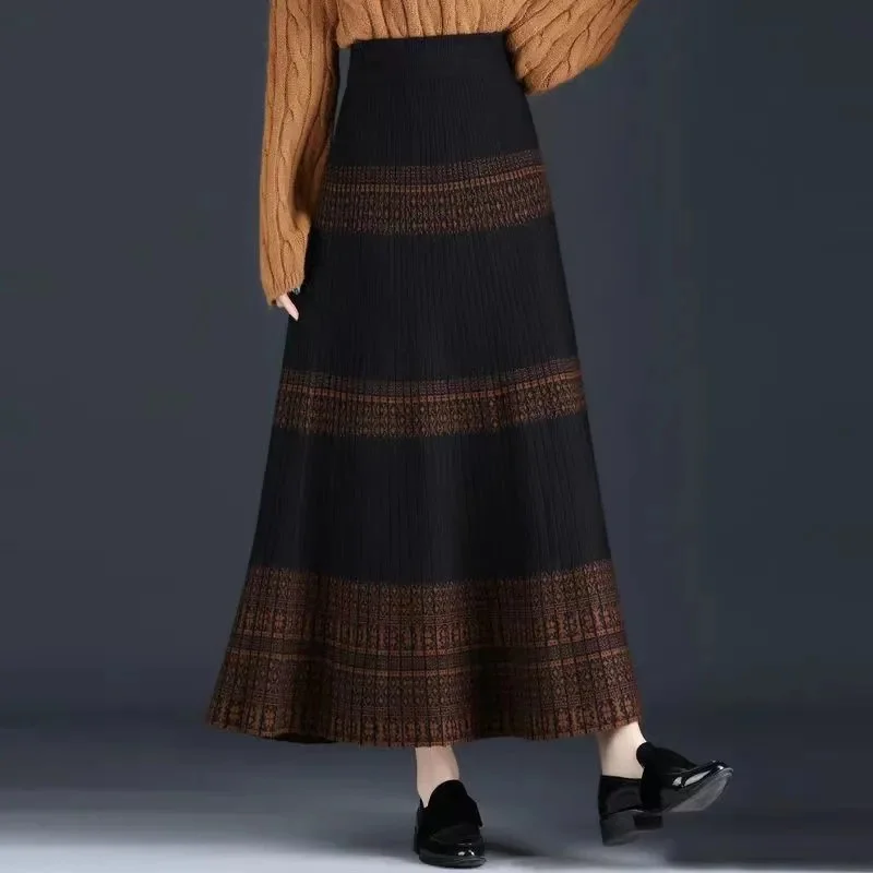 2024 New Autumn Winter Knitting Skirt Women High Waist A-line large Swing Skirt Female Knitt Long Skirts
