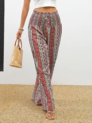 Full print wide leg pants bohemian paper bag waist closure vacation pantswomens clothing