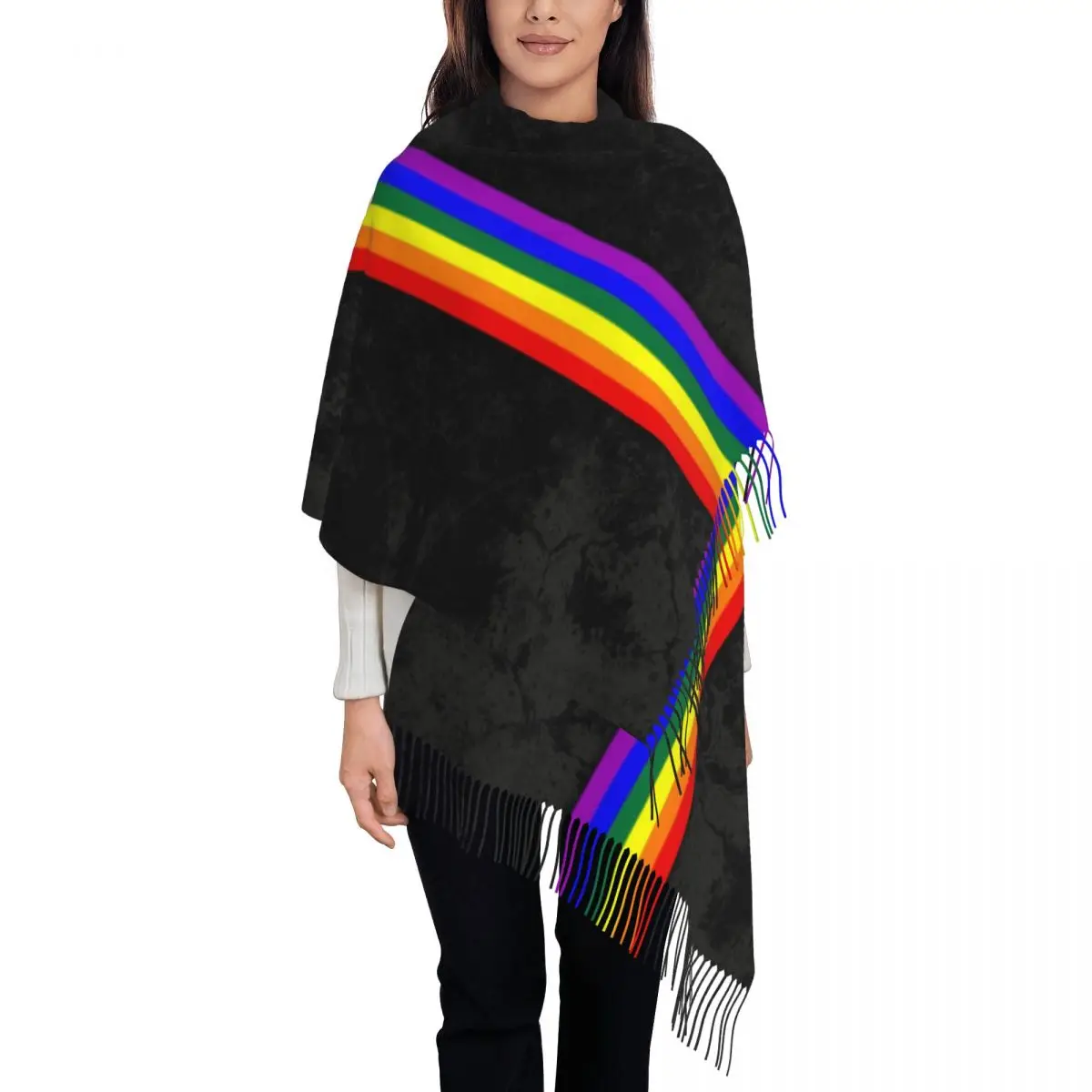 Distressed LGBTQ Pride Flag Stripe ผ้าพันคอผู้หญิงฤดูหนาวผ้าคลุมไหล่ LGBT เกย์เลสเบี้ยนพู่ Wraps