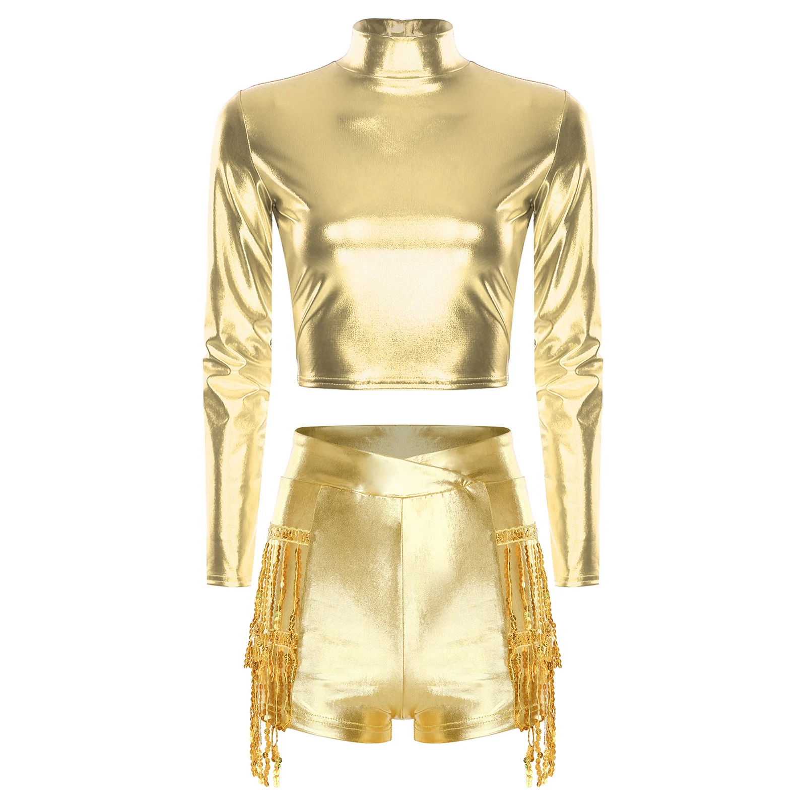 Metallisch glänzende lateinamerikanische Jazz-Tanz-Outfits für Damen, Performance-Kostüm, langärmliges Crop-Top und gestufte Pailletten-Quastenshorts
