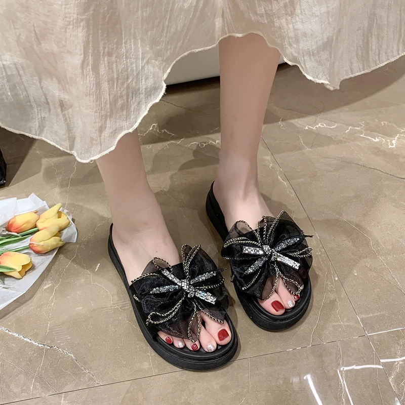 Shoes for Women 2023 Slingbacks Women's Slippers Summer Fashion Solid Color Round Toe Peep Toe Butterfly-knot Women's Slippers