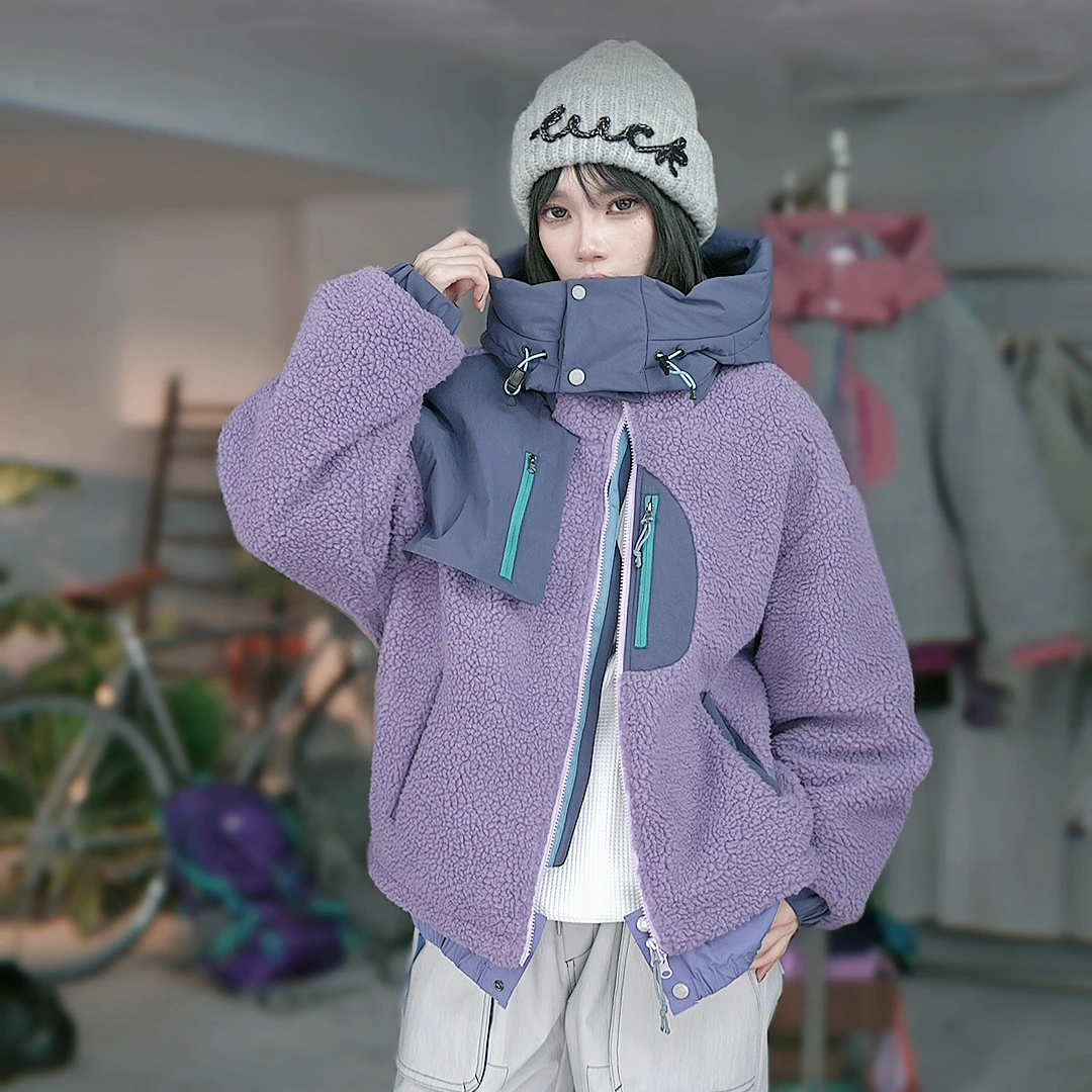 

Lamb Fce Lined Thiened Hooded Jaet Women's Stand Fit Faion Urban Sle Polyester Fiber Warmth Outerwear Coat