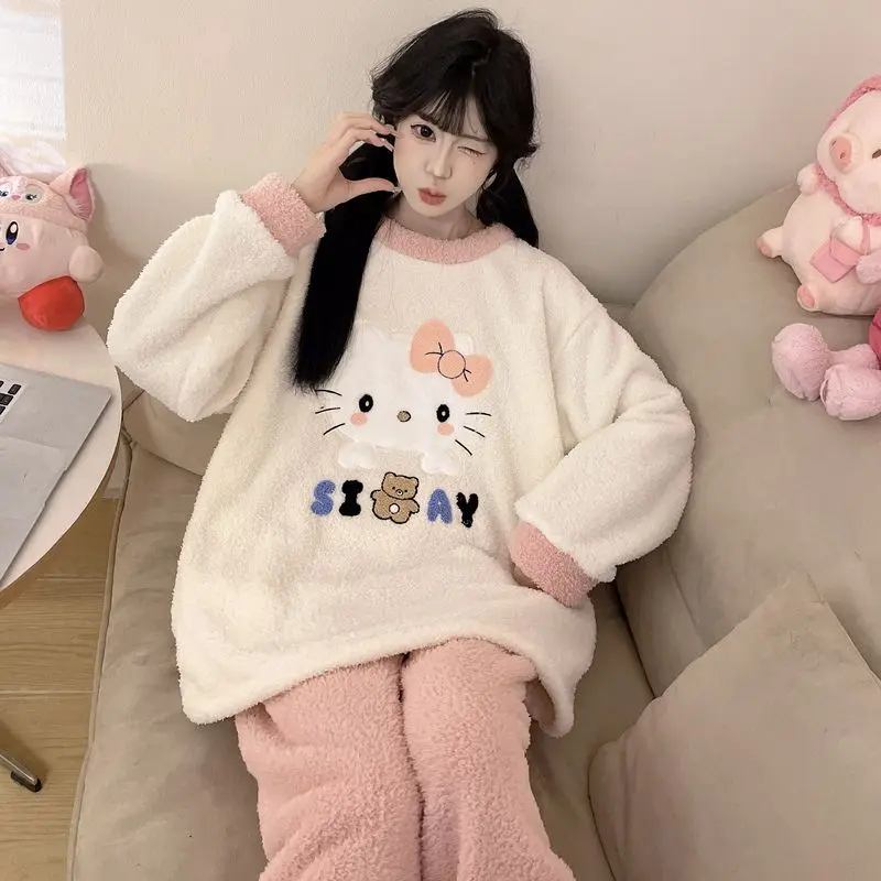 Hello Kittys Sleepwear Women's Autumn Winter Thick Warm Long Sleeve New Versatile Home Clothes Set Cute Cartoon Comfortable Gift