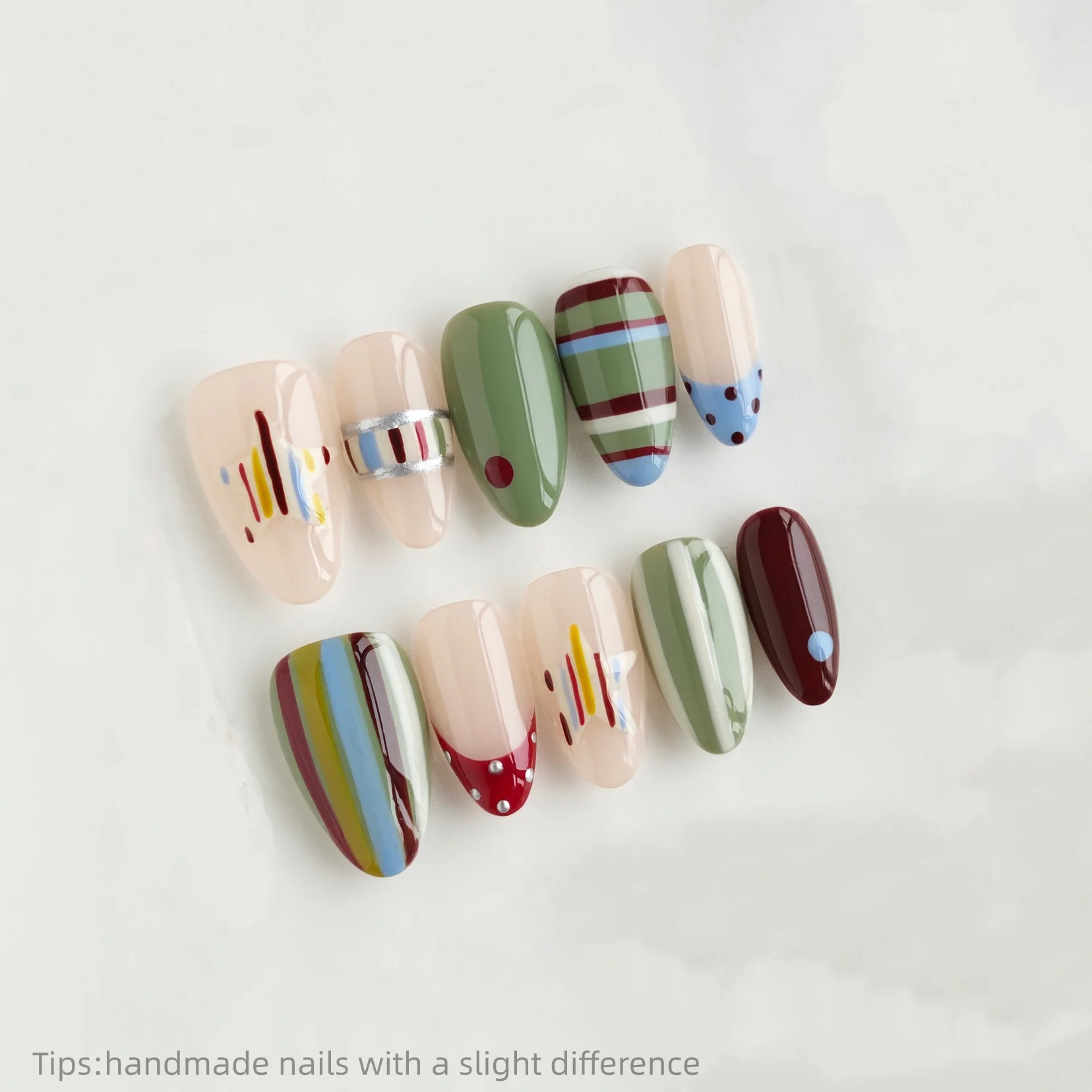 

10pcs Handmade Multi-Color Hand-Painted Stripe Press on Nails Almond Full Cover Wearable Reusable Trendy False Nails 2026