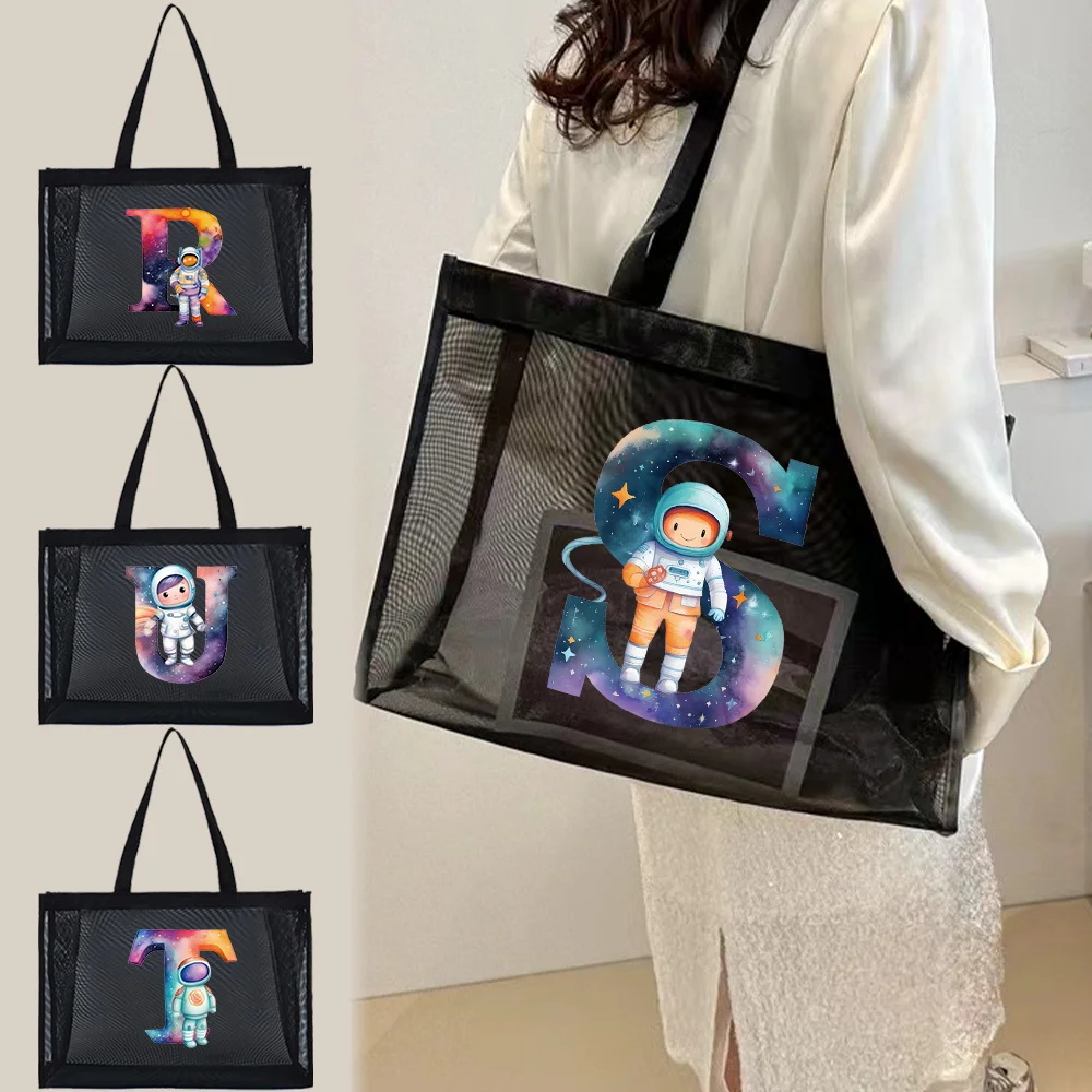 

Mesh Shopping Travel Storage Bags Shoulder Tote Bag Large Capacity Handbag Women Wallets Organizer Astronaut Printing Series