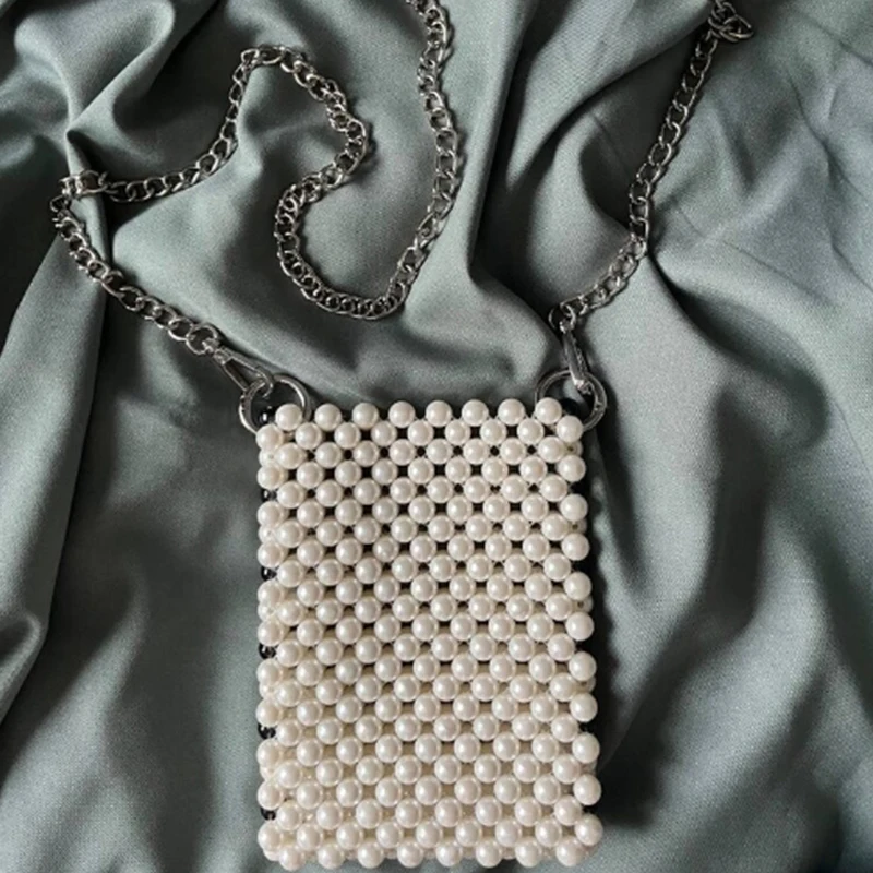 

New Chain Crossbody Phone Bags Handmade Bead Production Pearl Design Woven Women's Bag Versatile Casual Wallet Customizable