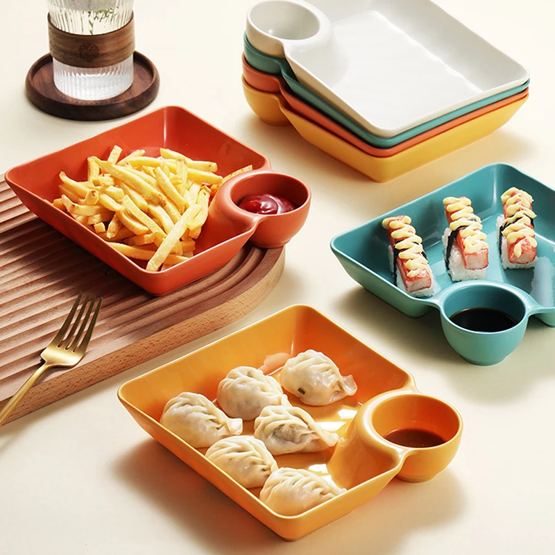 1 Pc Japanese Style Gyoza Plate With Vinegar Plate Household Creative Square Snack Plate Divided Tray Tableware