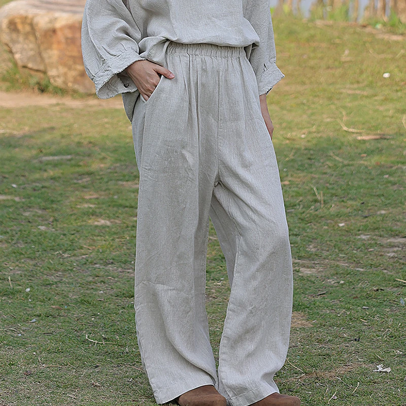 

100% Linen Women Casual Wide Leg Pants New Arrival 2025 Spring Vintage Style Plain Color Loose Comfortable Female Trousers M1160