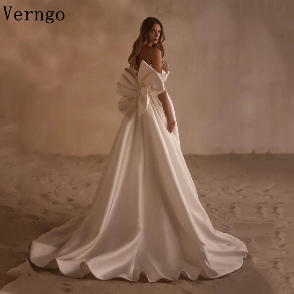 

Verngol lvory Satin Wedding Dress Bow Back Sweap Train Bridal Gowns Detacable Train Elegant Bride Dresses Customized