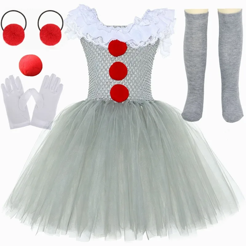 Girls Cartoon Clown Fluffy Dress Set, Kids Puffy Tulle Skirt Outfit, Ideal for Halloween, Carnival and Stage Party Performances