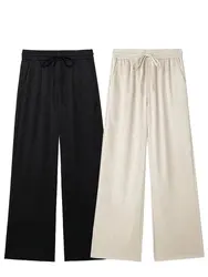 HH Women Casual Loose Straight Pants Elegant Beige Pleated Drawstring High Waist Trouser 2024 New Fashion Wide Leg Pant
