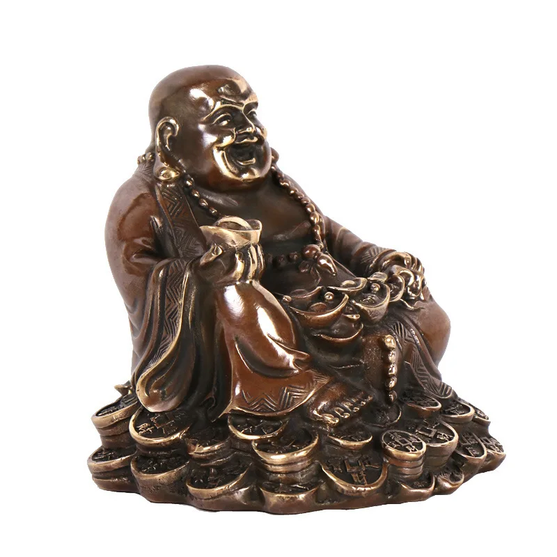 Antique-Style Copper Maitreya Ornament, Laughing Buddha Craft Holding A Gold Ingot, Home And Shop Decoration