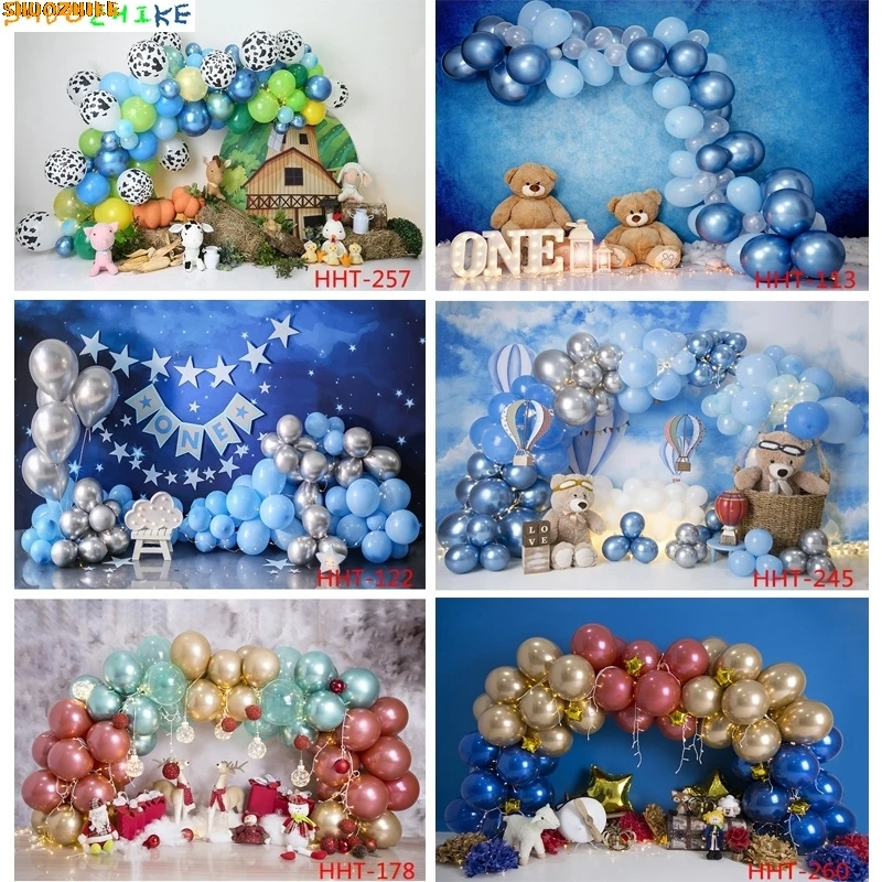 

Vinyl Personalized Decoration With Colorful Balloon Illustration Background Newborn Baby Birthday Photography Backdrops FSS-106
