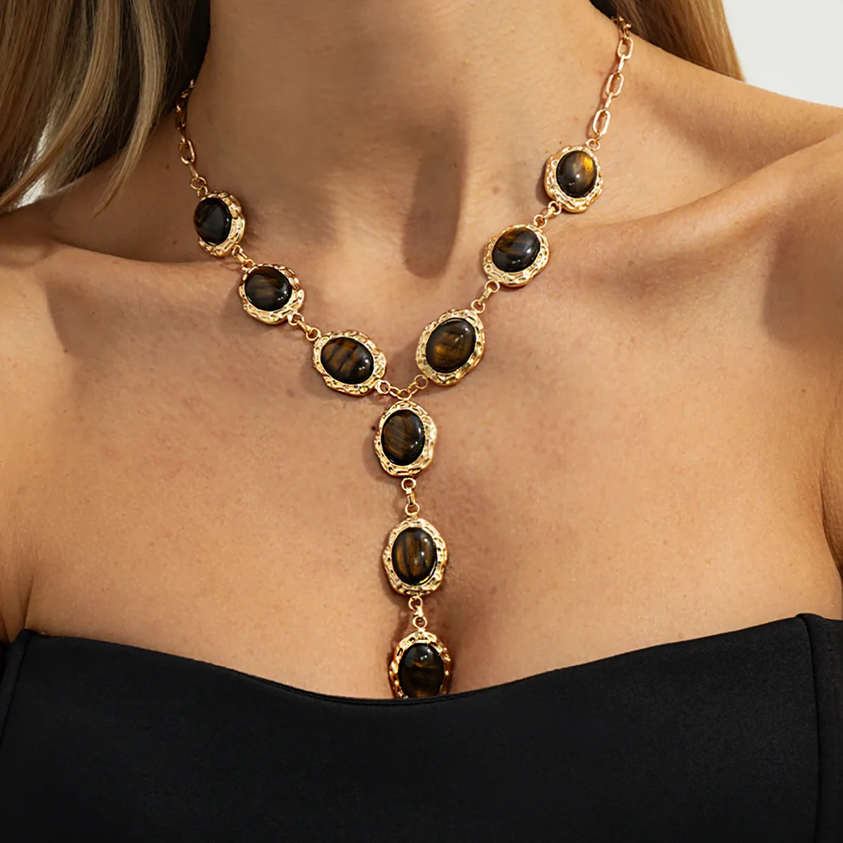 Necklace Tiger Eye Inlaid Y Shape Pendant with Crinkled Stone Vintage Rose Gold  Lightweight Durable Office Wear Chains
